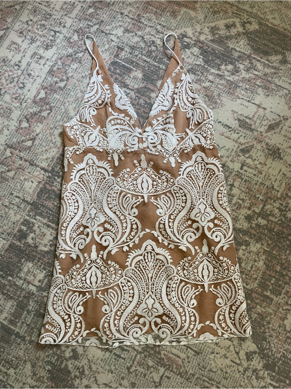 Free People Tan Mini Dress with White Lace Overlay